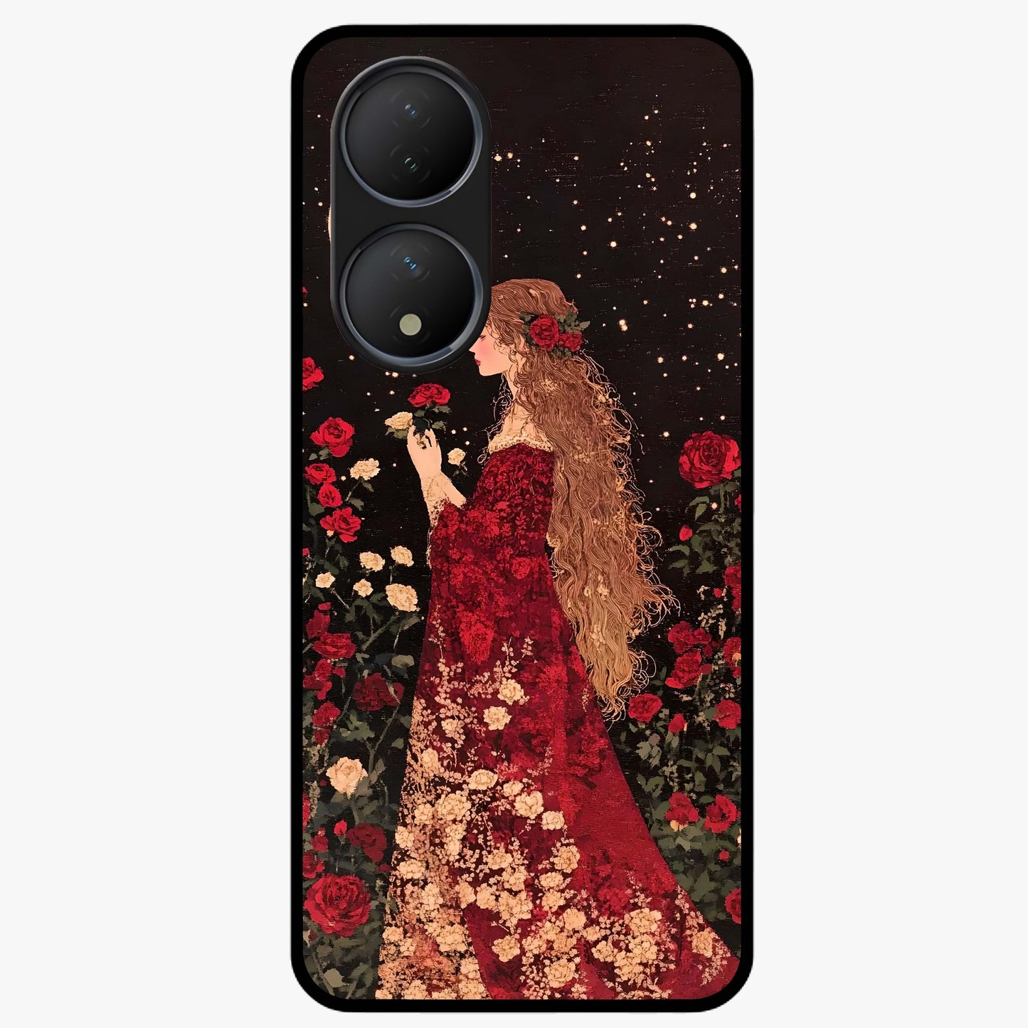 Crimson Dreams Glass Case showing flat back view with dreamy crimson artwork and glossy glass finish.