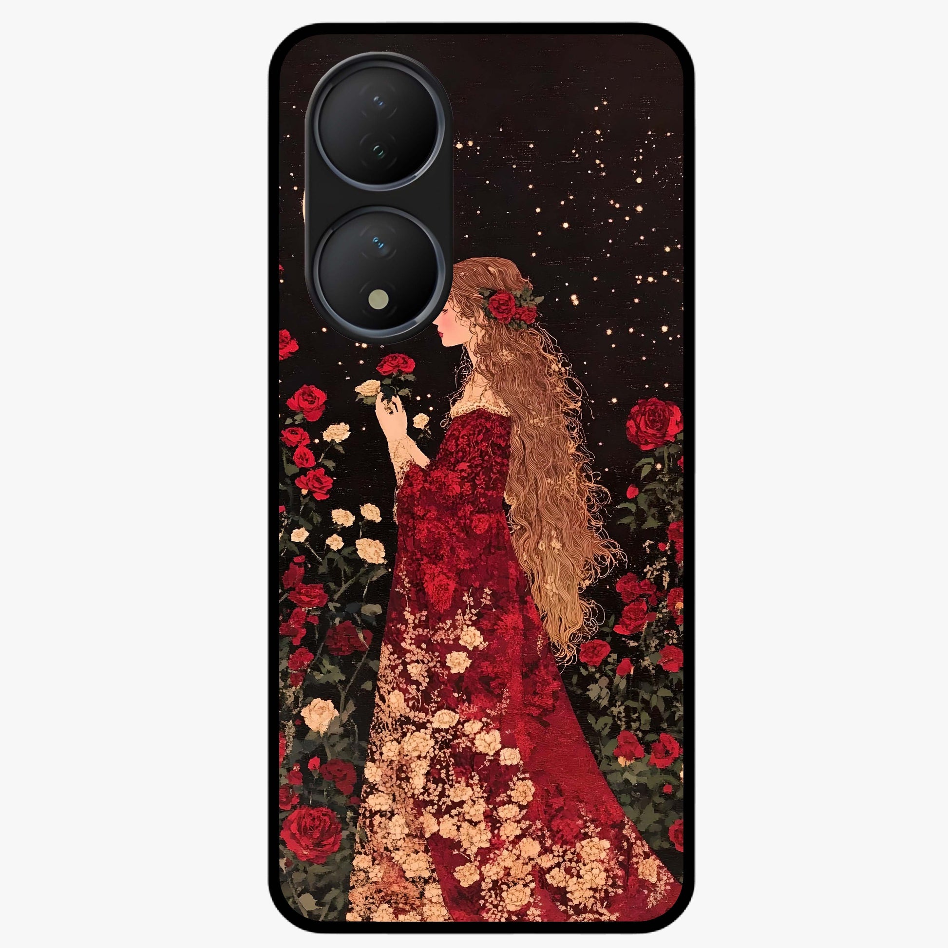 Crimson Dreams Glass Case showing flat back view with dreamy crimson artwork and glossy glass finish.