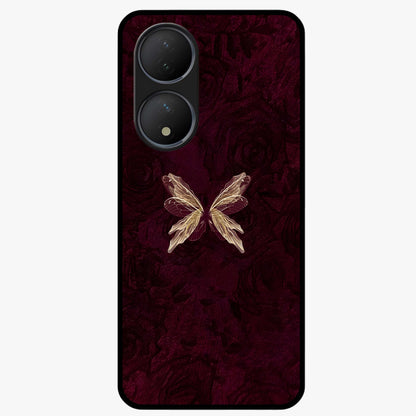 Crimson Fade Butterfly Glass Case showing flat back view with fading butterfly artwork and glossy glass finish.