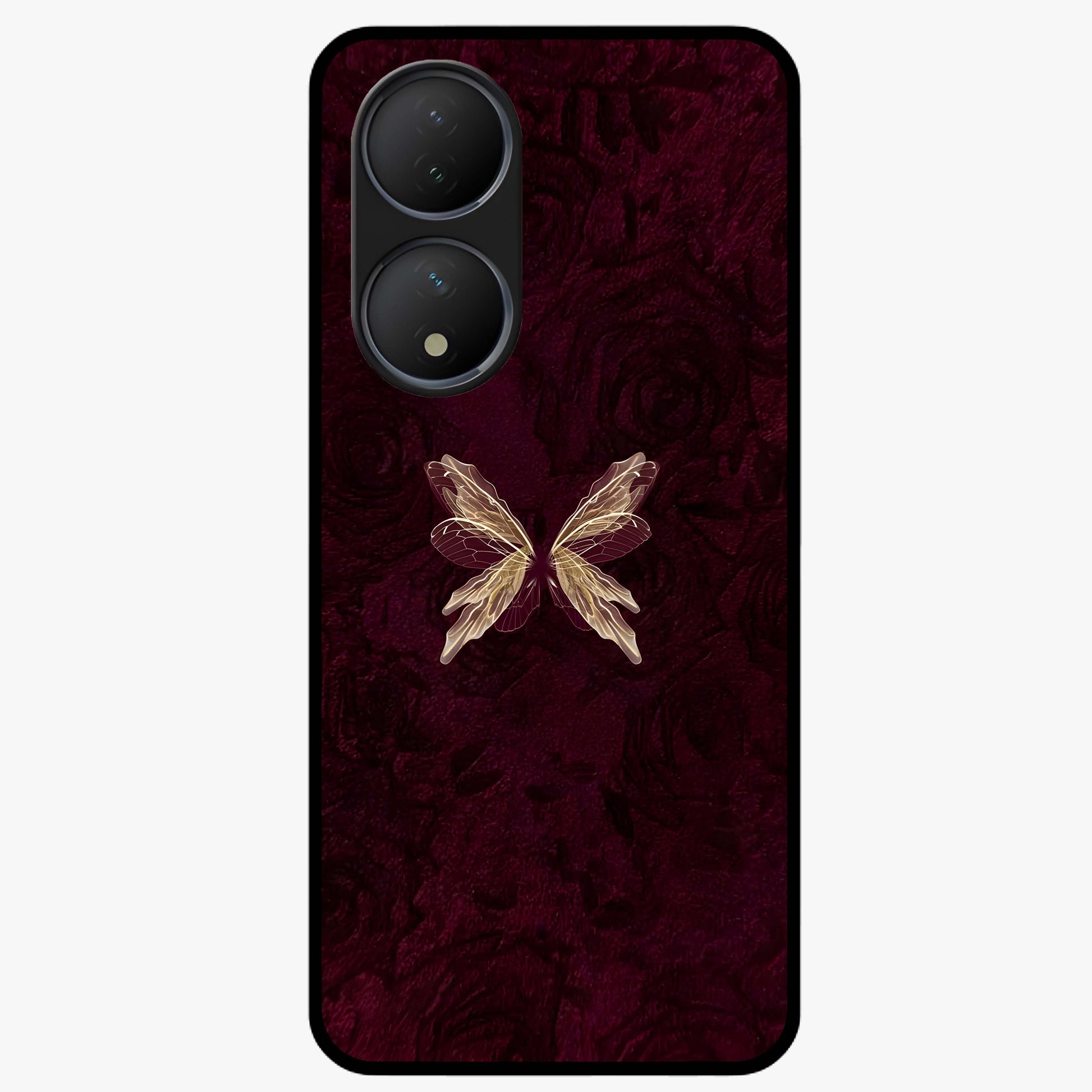 Crimson Fade Butterfly Glass Case showing flat back view with fading butterfly artwork and glossy glass finish.
