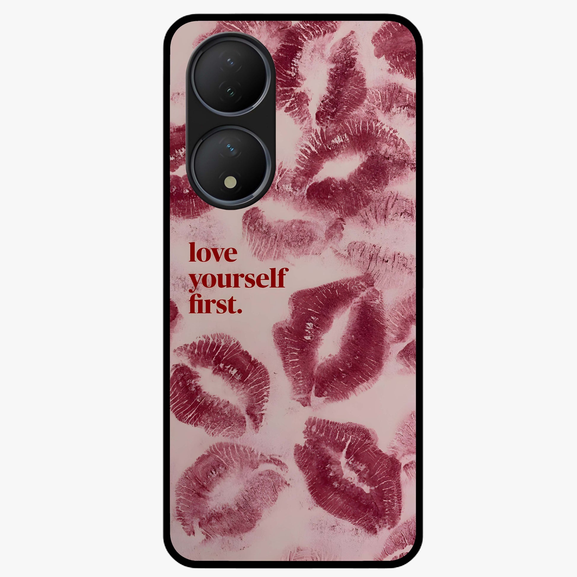 Crimson Kiss Love Glass Case showing flat back view with romantic crimson themed artwork and glossy glass finish.