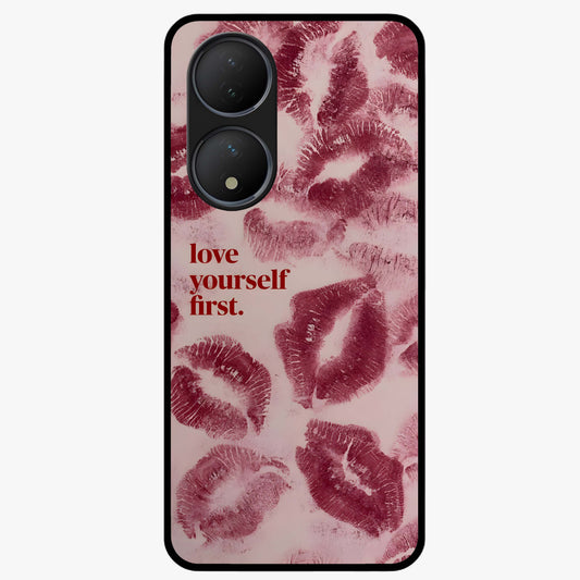 Crimson Kiss Love Glass Case showing flat back view with romantic crimson themed artwork and glossy glass finish.