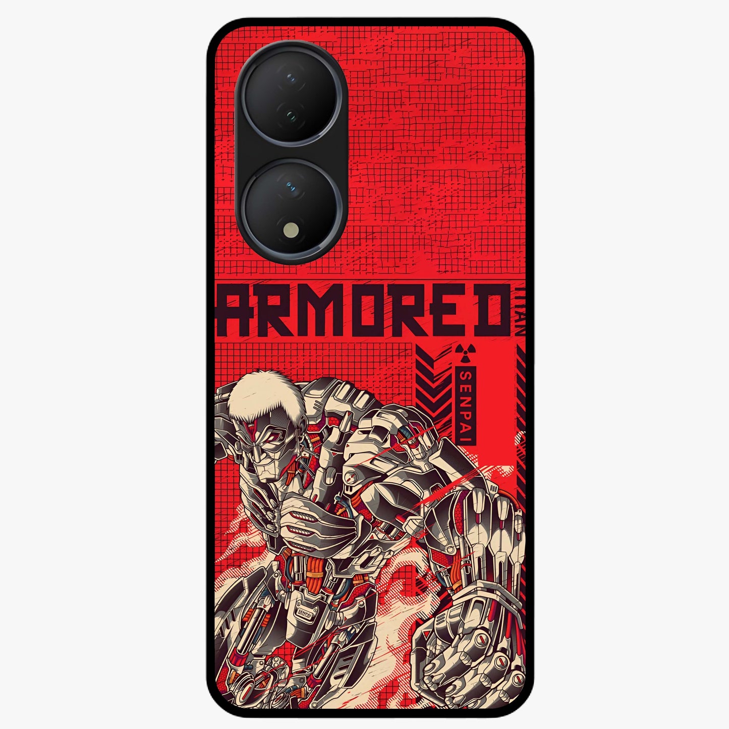 Crimson Mecha Titan Glass Case showing flat back view with powerful mech titan artwork and glossy glass finish.