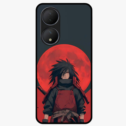 Crimson Moon Warlord Glass Case showing flat back view with mystical moon warrior artwork and glossy glass finish.