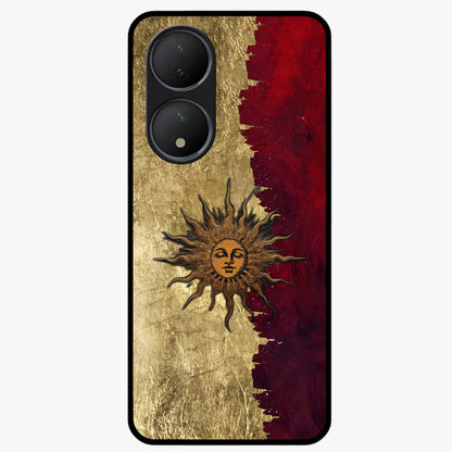 Crimson Sun Majesty Glass Case showing flat back view with radiant sun inspired artwork and glossy glass finish.