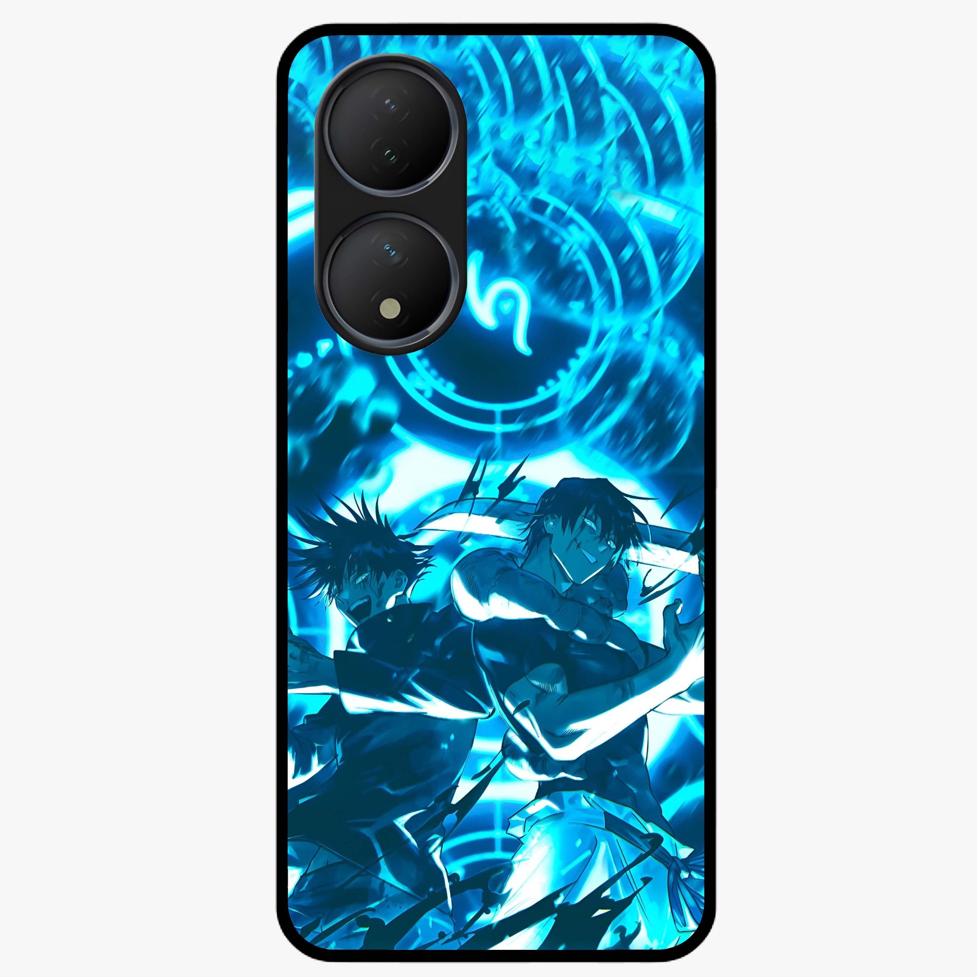 Cursed Energy Clash Glass Case showing flat back view with intense cursed energy artwork and glossy glass finish.