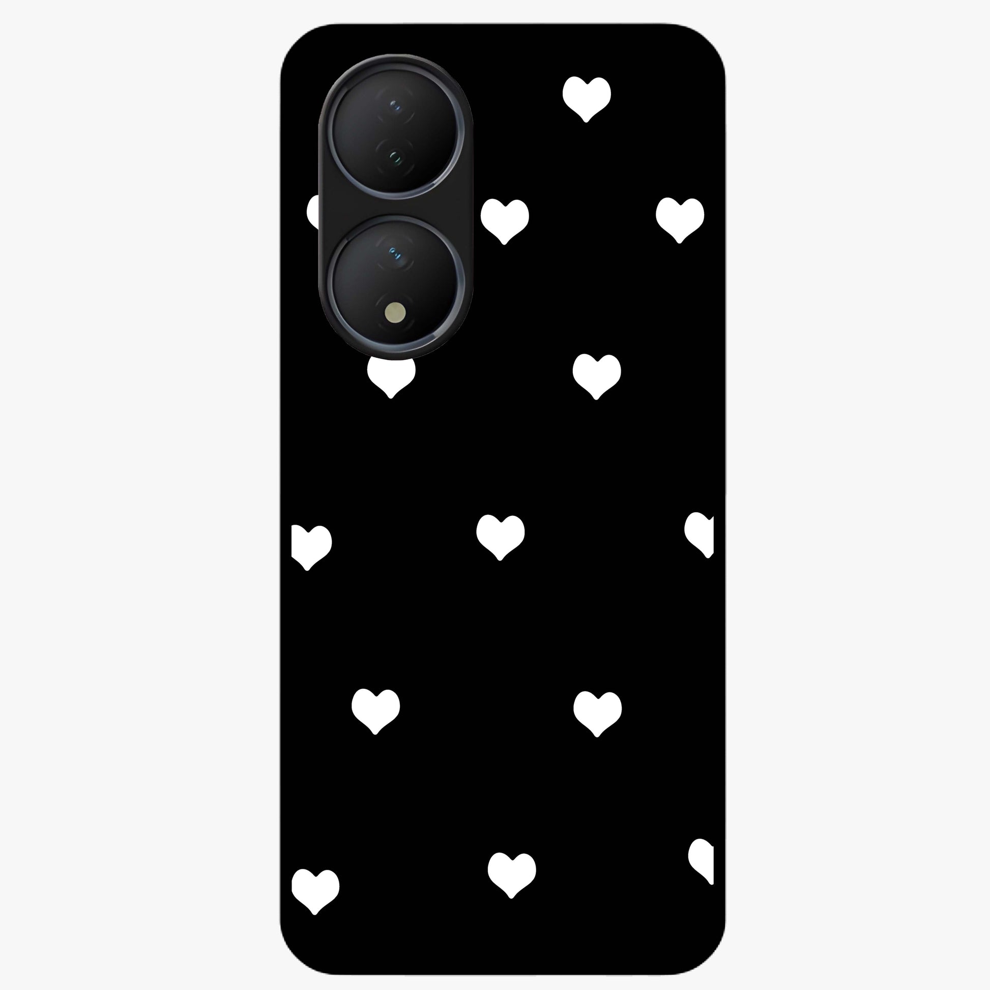 Cute And Simple White Hearts Glass Case showing flat back view with minimal white heart pattern and glossy glass finish.