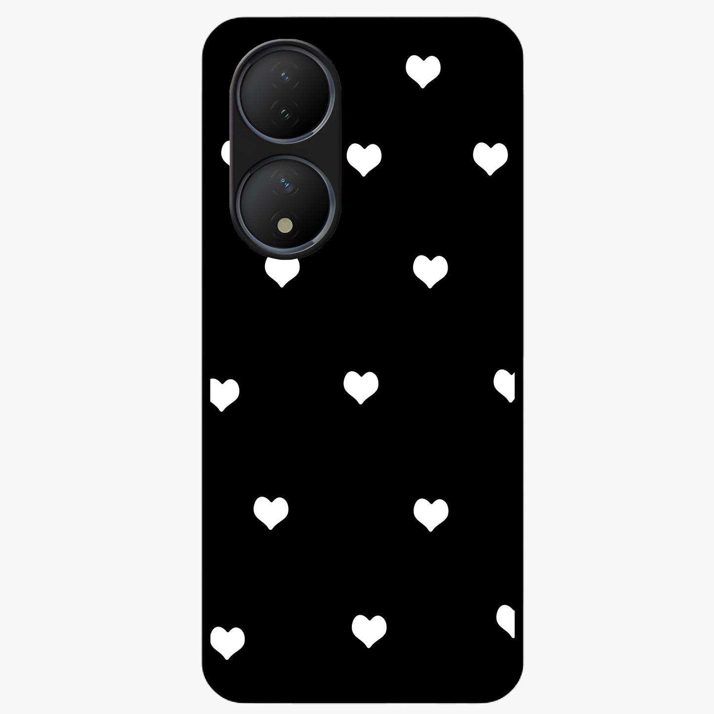 Cute And Simple White Hearts Glass Case showing flat back view with minimal white heart pattern and glossy glass finish.