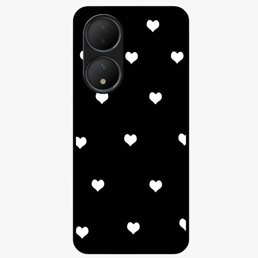 Cute And Simple White Hearts Glass Case showing flat back view with minimal white heart pattern and glossy glass finish.