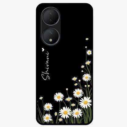 Daisy Cascade Custom Name Glass Case showing flat back view with cascading daisy flowers and personalized name design.