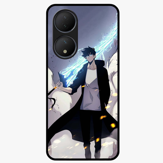 Dark Lightning Anime Warrior Glass Case showing flat back view with intense anime warrior artwork and glossy glass finish.