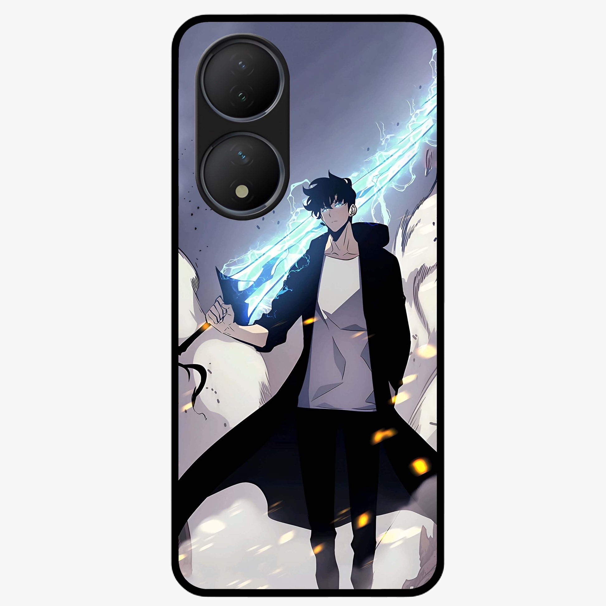 Dark Lightning Anime Warrior Glass Case showing flat back view with intense anime warrior artwork and glossy glass finish.