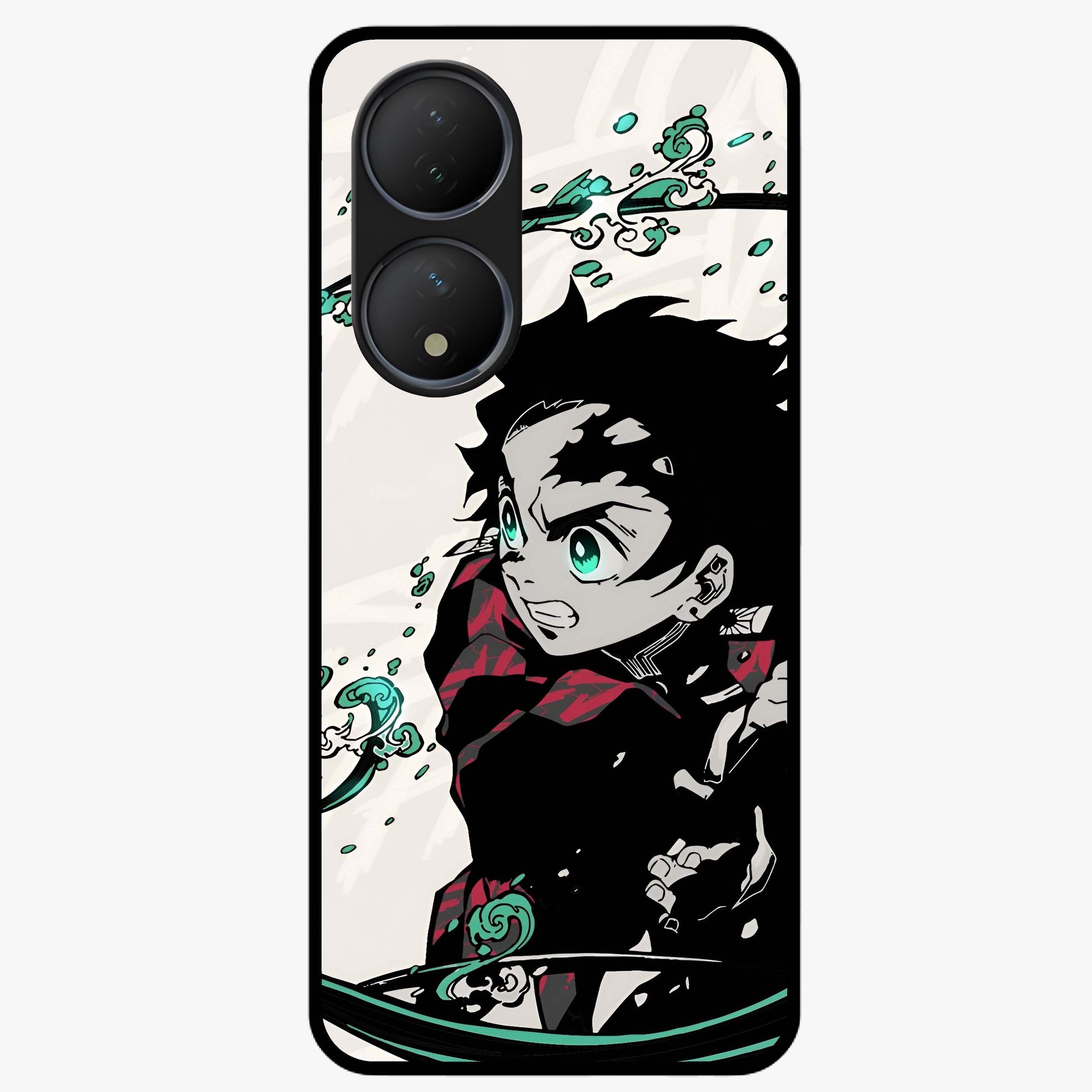 Demon Slayer Glass Case showing flat back view with bold anime inspired artwork and glossy glass finish.