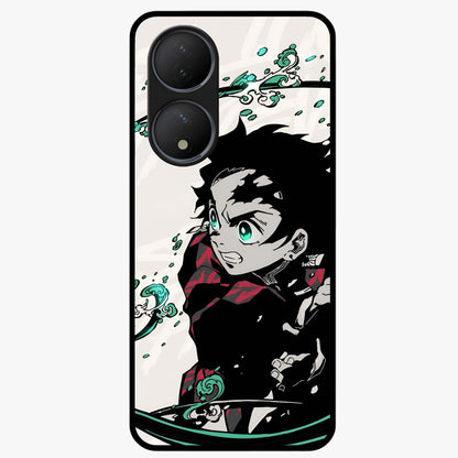 Demon Slayer Glass Case showing flat back view with bold anime inspired artwork and glossy glass finish.