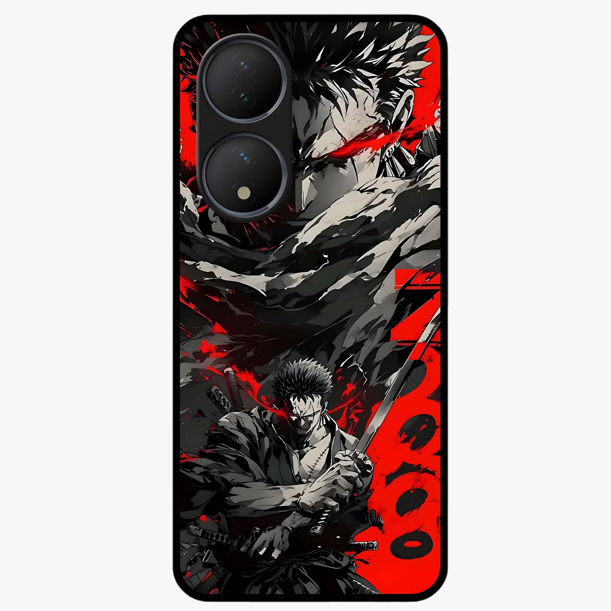 Demon Sword Resolve Glass Case showing flat back view with fierce sword warrior artwork and glossy glass finish.