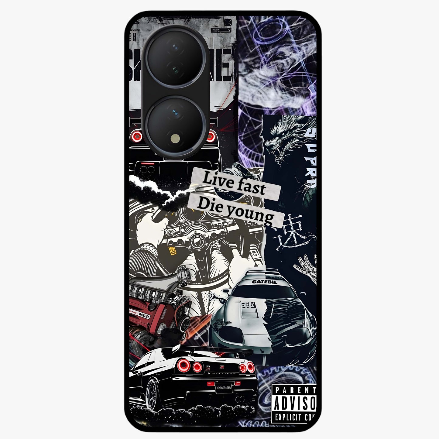 Die Young Glass Case showing flat back view with bold artistic typography design and glossy glass finish.