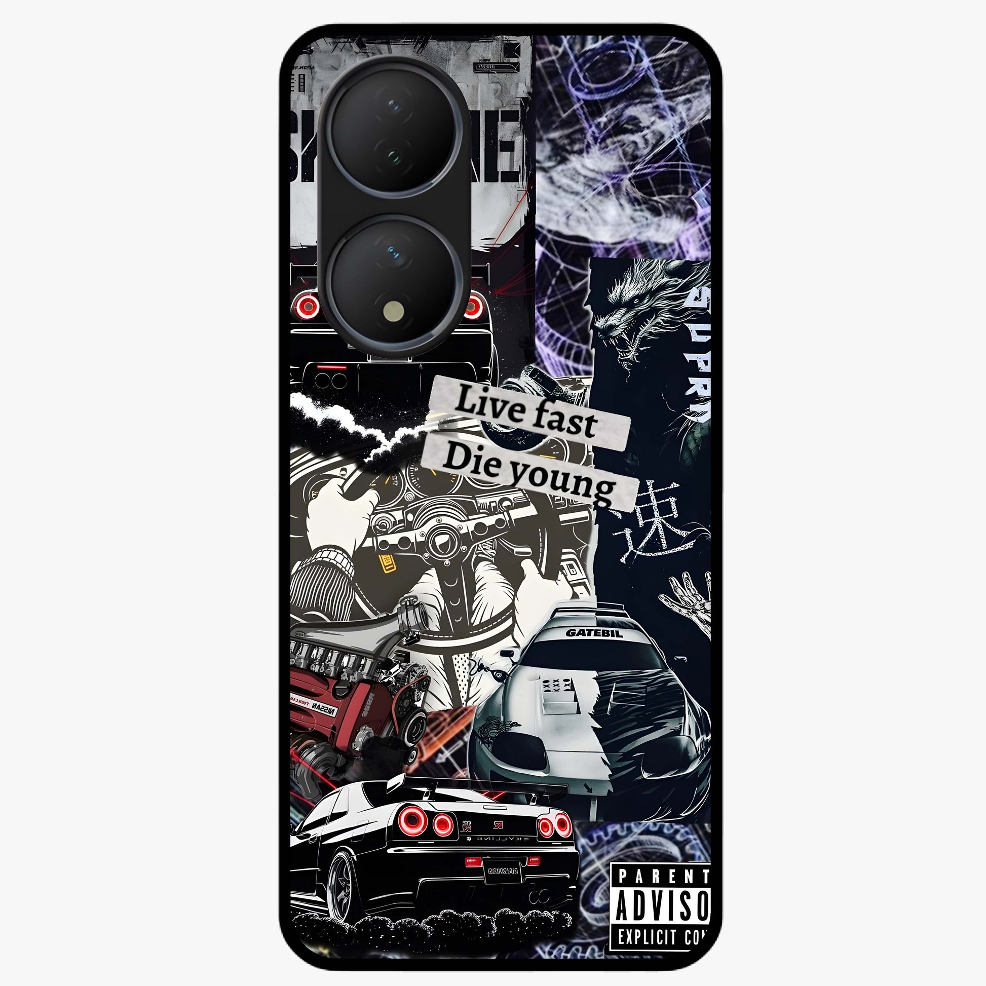 Die Young Glass Case showing flat back view with bold artistic typography design and glossy glass finish.