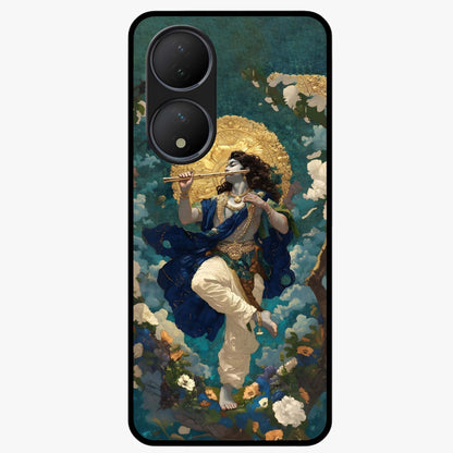 Divine Krishna Art Glass Case showing flat back view with Lord Krishna artwork and glossy glass finish.