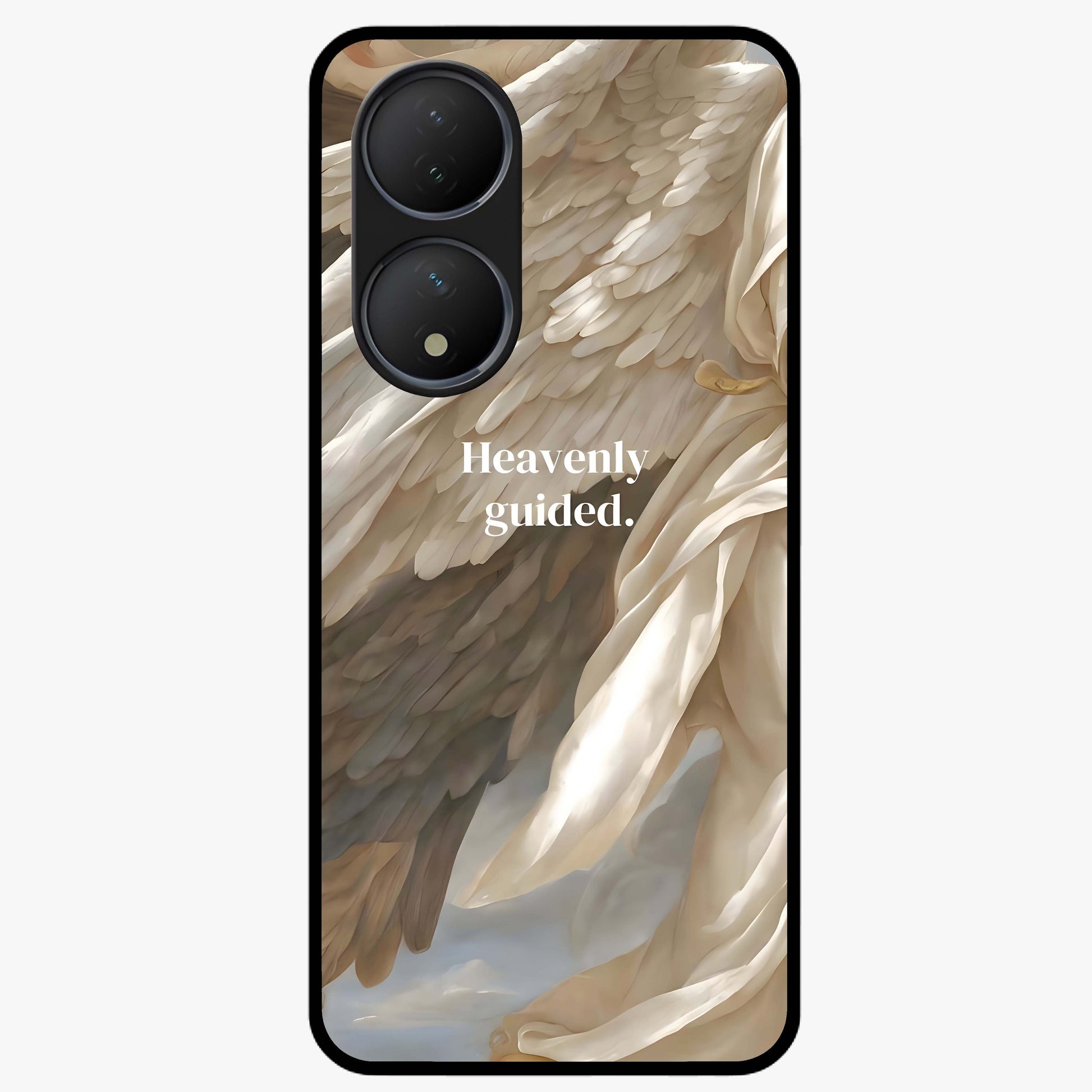 Divine Winged Grace Glass Case showing flat back view with elegant wing inspired artwork and glossy glass finish.