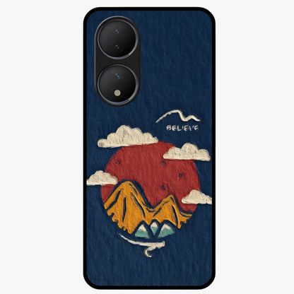 Dream Beyond Mountains Glass Case showing flat back view with scenic mountain landscape artwork and glossy glass finish.