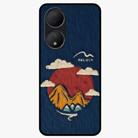 Dream Beyond Mountains Glass Case showing flat back view with scenic mountain landscape artwork and glossy glass finish.