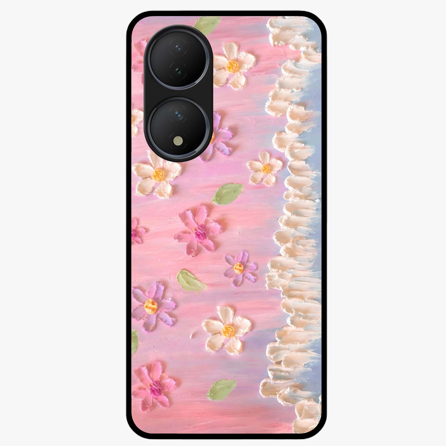 Dreamy Painted Garden Glass Case showing flat back view with artistic painted floral garden artwork and glossy glass finish.
