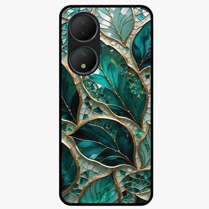 Emerald Leaf Glass Glass Case showing flat back view with emerald green leaf artwork and glossy glass finish.
