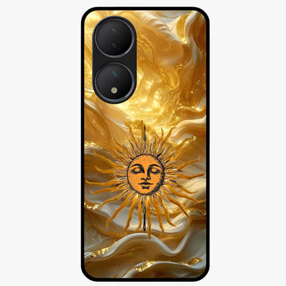 Eternal Golden Glow Glass Case showing flat back view with radiant golden themed artwork and glossy glass finish.