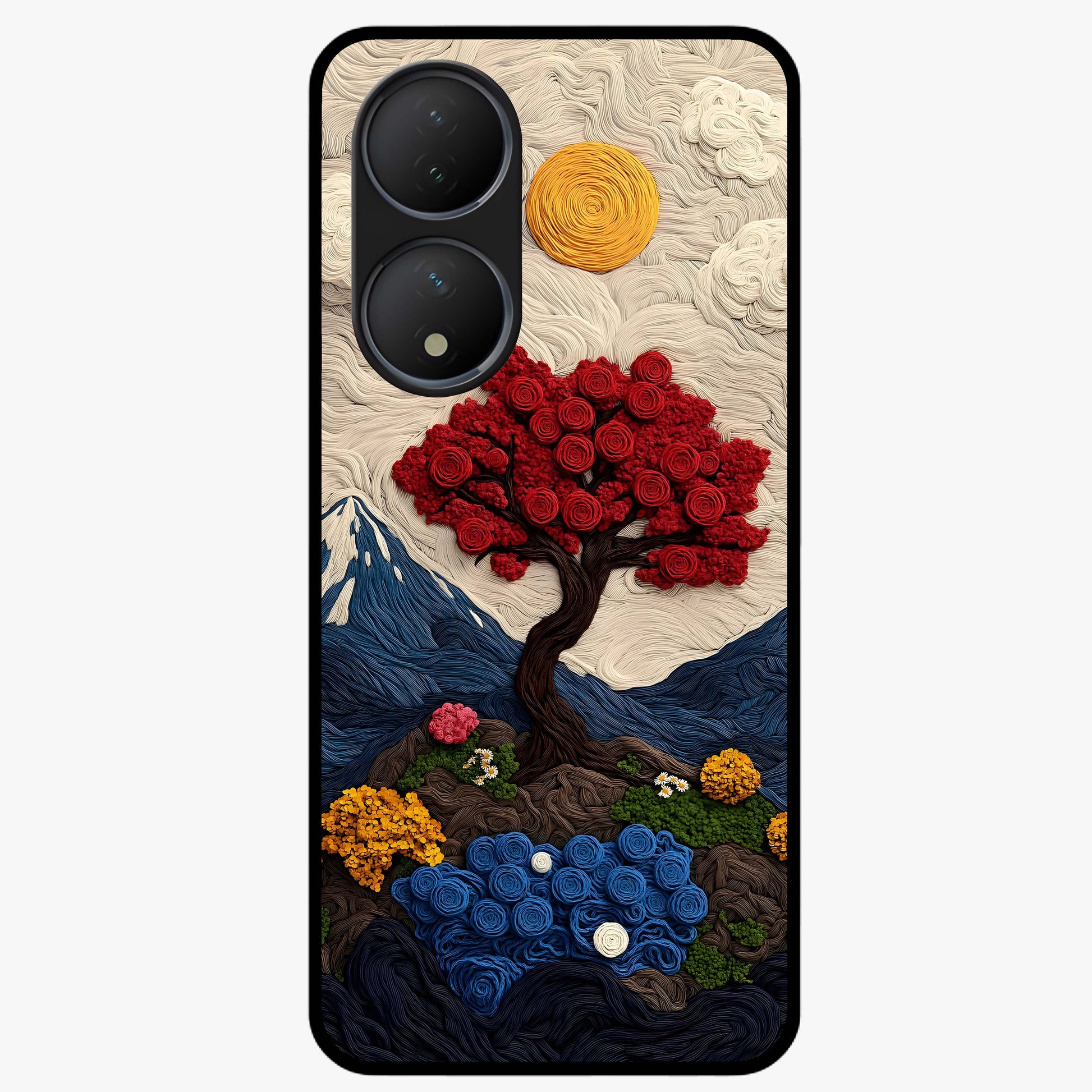 Eternal Nature Tapestry Glass Case showing flat back view with intricate nature tapestry artwork and glossy glass finish.