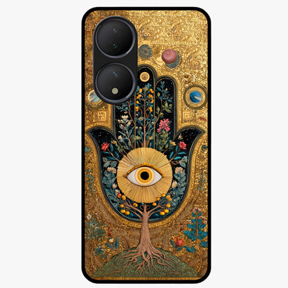 Ethereal Evil Eye Glass Case showing flat back view with mystical evil eye artwork and glossy glass finish.