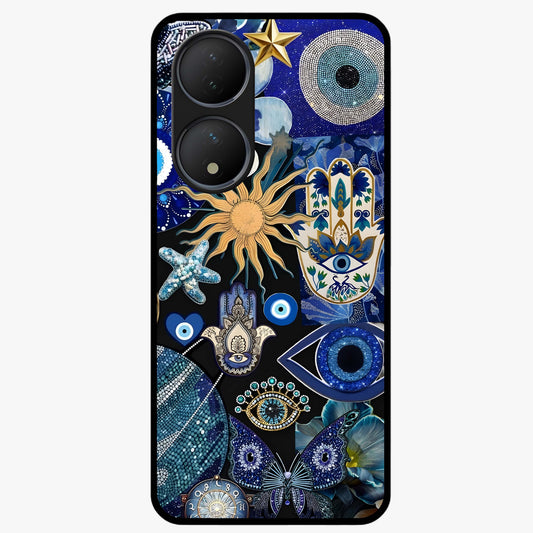 Evil Eye Charm Mix Glass Case showing flat back view with multiple evil eye charms artwork and glossy glass finish.