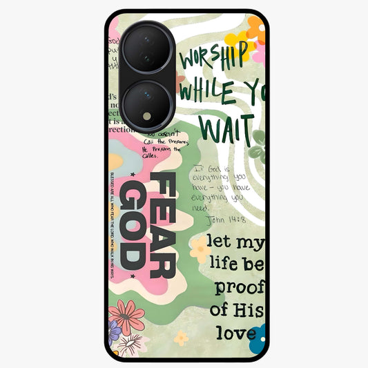 Faith Over Fear Glass Case showing flat back view with motivational typography artwork and glossy glass finish.