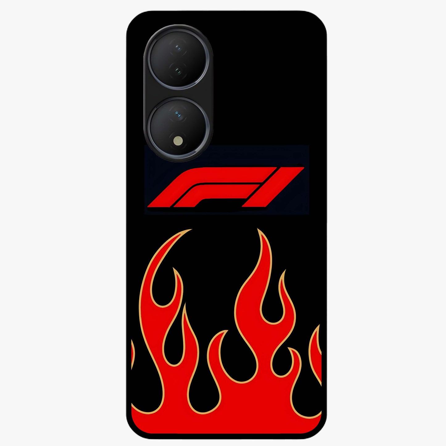 Fire F11 Glass Case showing flat back view with fiery themed artwork and glossy glass finish.