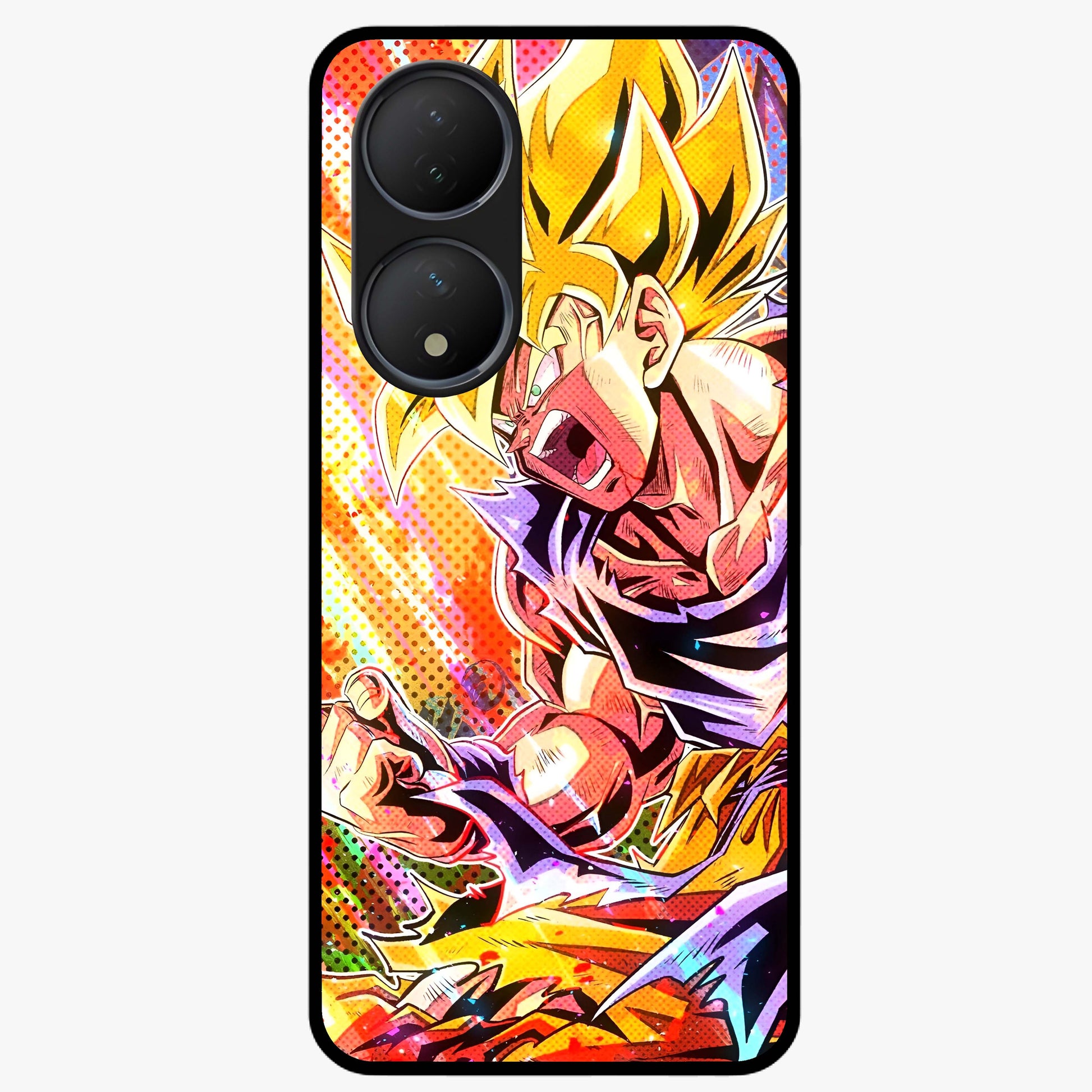 Firing Goku Glass Case showing flat back view with powerful anime inspired artwork and glossy glass finish.