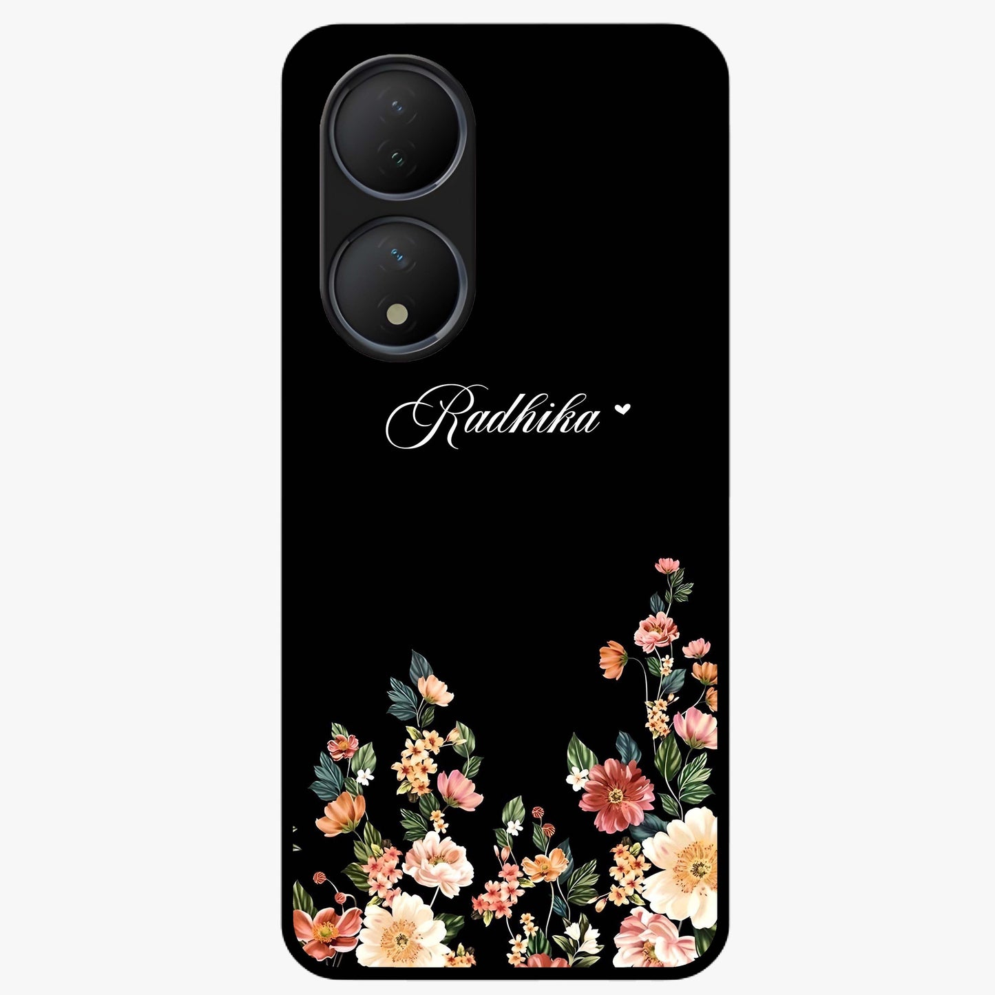 Floral Design With a Custom Personalized Name Glass Case showing flat back view with floral artwork and personalized name design.