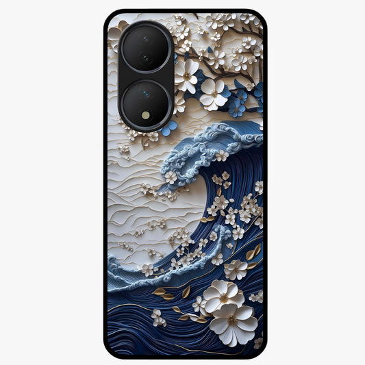 Floral Wave Origami Glass Case showing flat back view with origami inspired floral wave artwork and glossy glass finish.