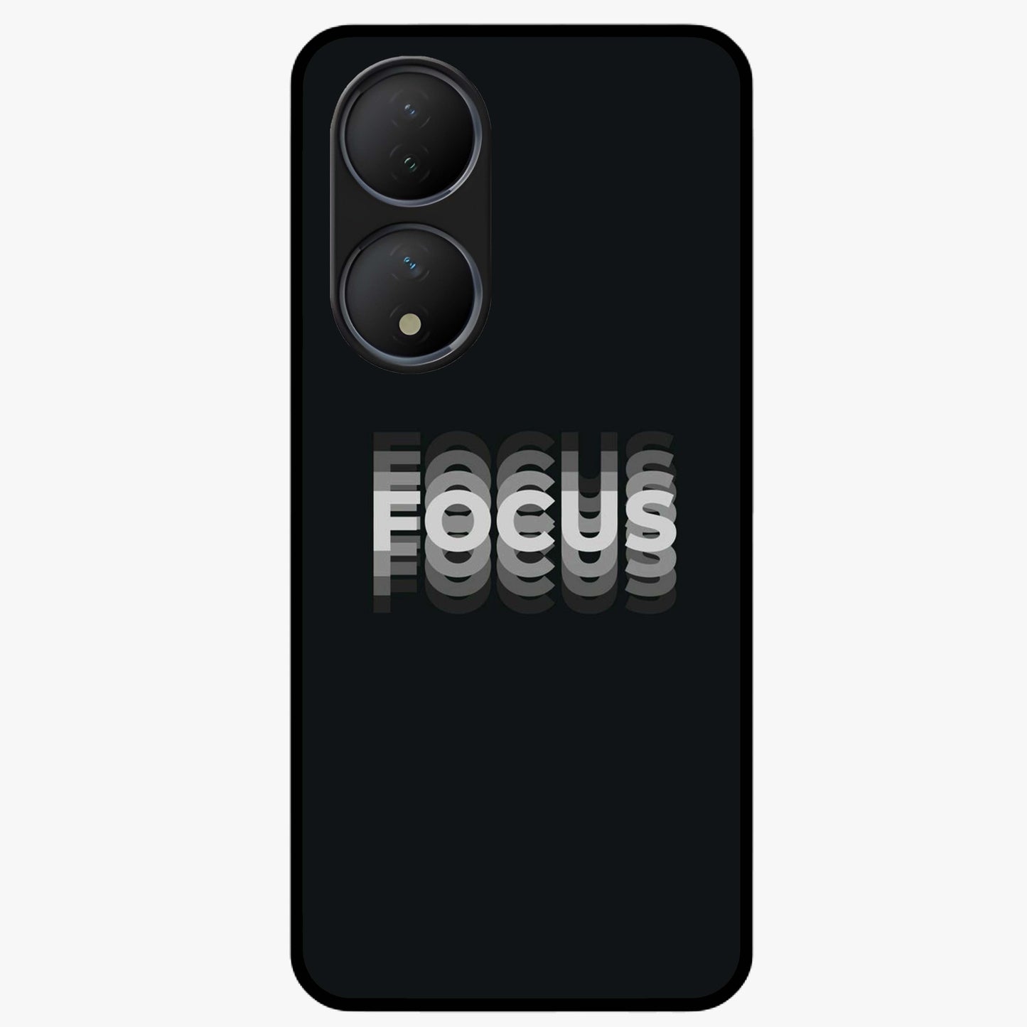 Focus Mode On Glass Case showing flat back view with bold motivational typography design and glossy glass finish.
