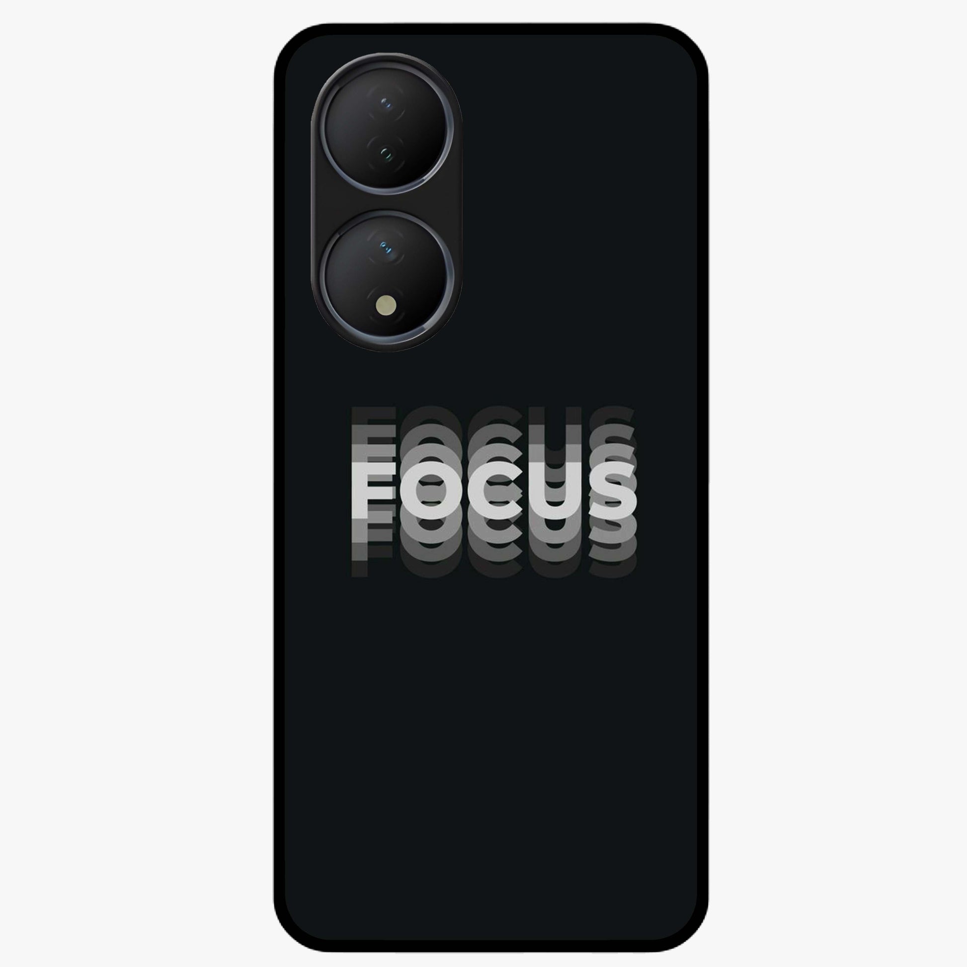 Focus Mode On Glass Case showing flat back view with bold motivational typography design and glossy glass finish.