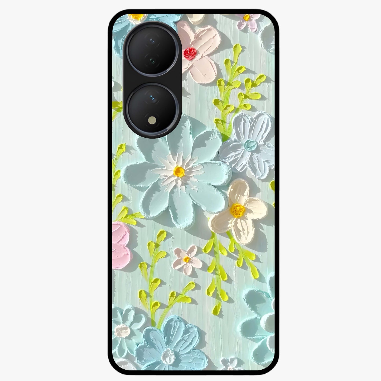 Frosted Petal Garden Glass Case showing flat back view with soft frosted floral artwork and glossy glass finish.