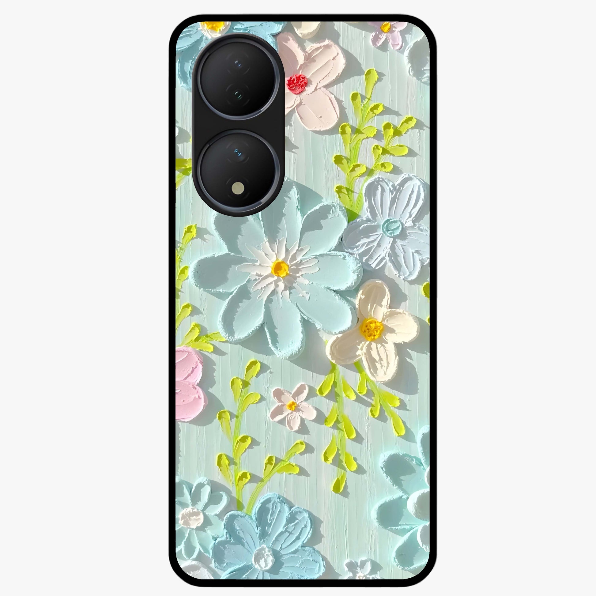 Frosted Petal Garden Glass Case showing flat back view with soft frosted floral artwork and glossy glass finish.