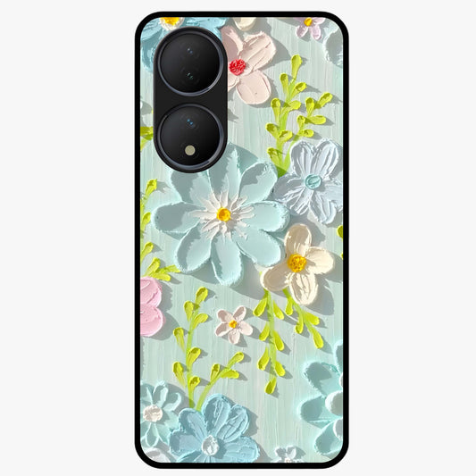 Frosted Petal Garden Glass Case showing flat back view with soft frosted floral artwork and glossy glass finish.