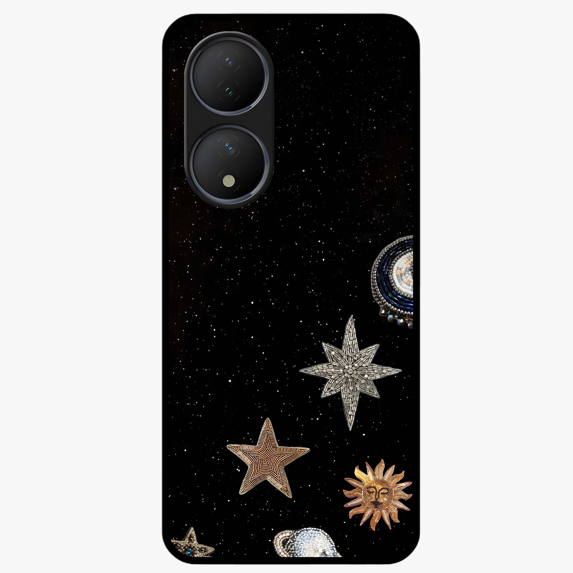 Galactic Charm Glow Glass Case showing flat back view with glowing celestial charm artwork and glossy glass finish.