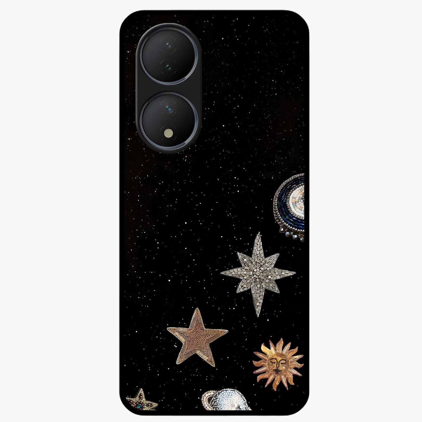 Galactic Charm Glow Glass Case showing flat back view with glowing celestial charm artwork and glossy glass finish.