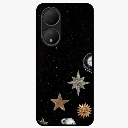 Galactic Charm Glow Glass Case showing flat back view with glowing celestial charm artwork and glossy glass finish.