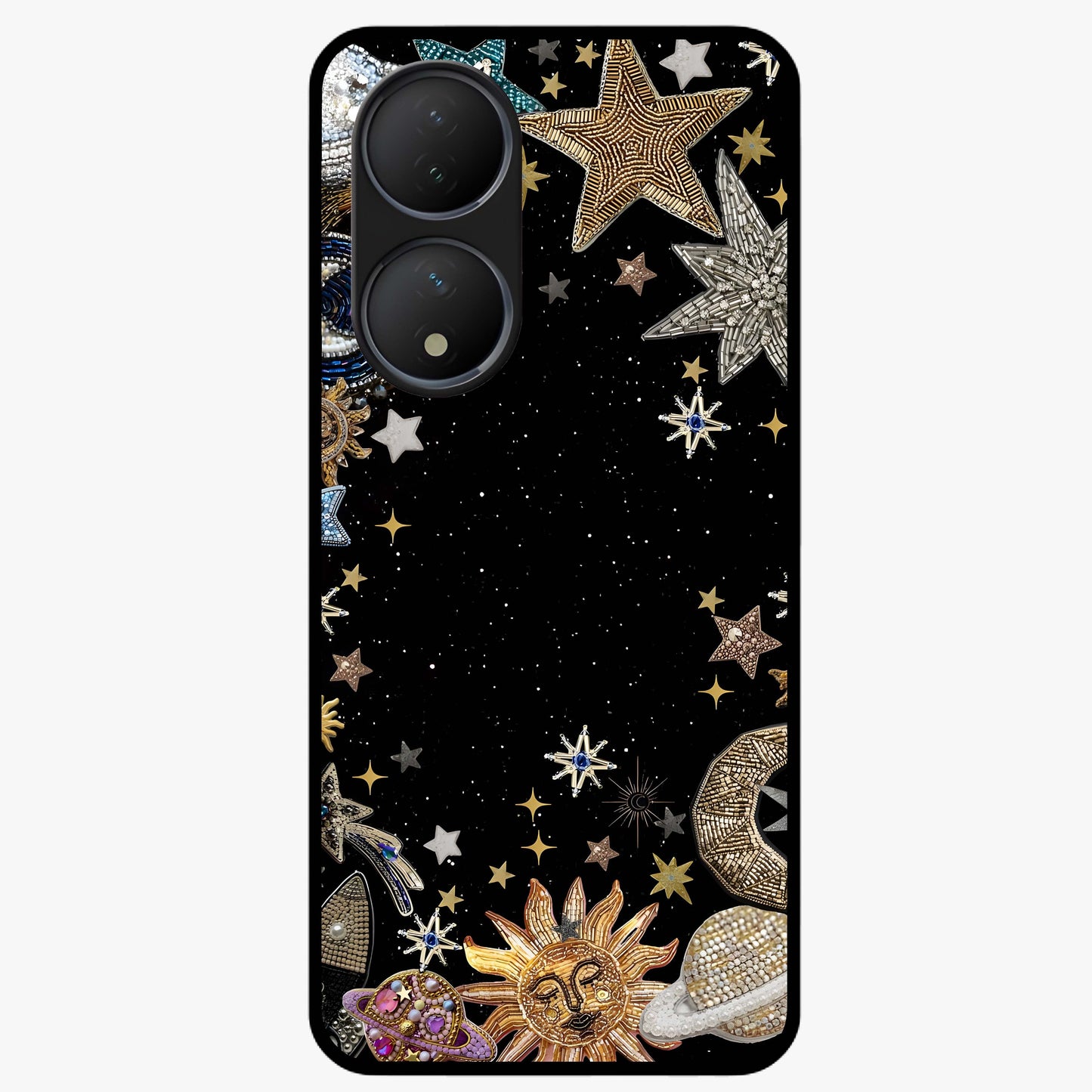 Galactic Jewel Stars Glass Case showing flat back view with sparkling star jewel artwork and glossy glass finish.