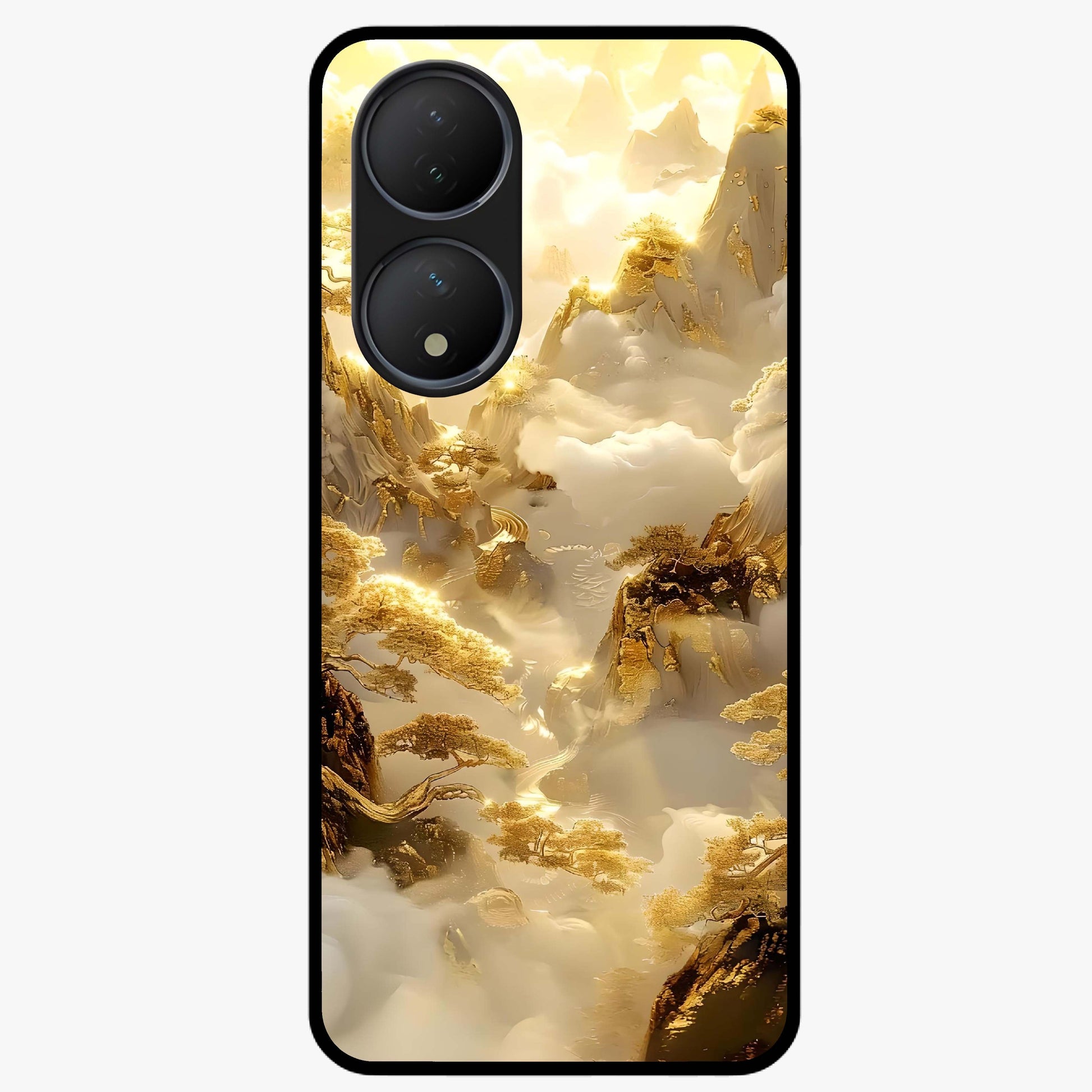 Gates Of Illumination Glass Case showing flat back view with mystical illuminated gate artwork and glossy glass finish.