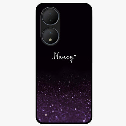 Glittery Purple Bokeh Custom Name Glass Case showing flat back view with purple bokeh sparkle artwork and personalized name design.