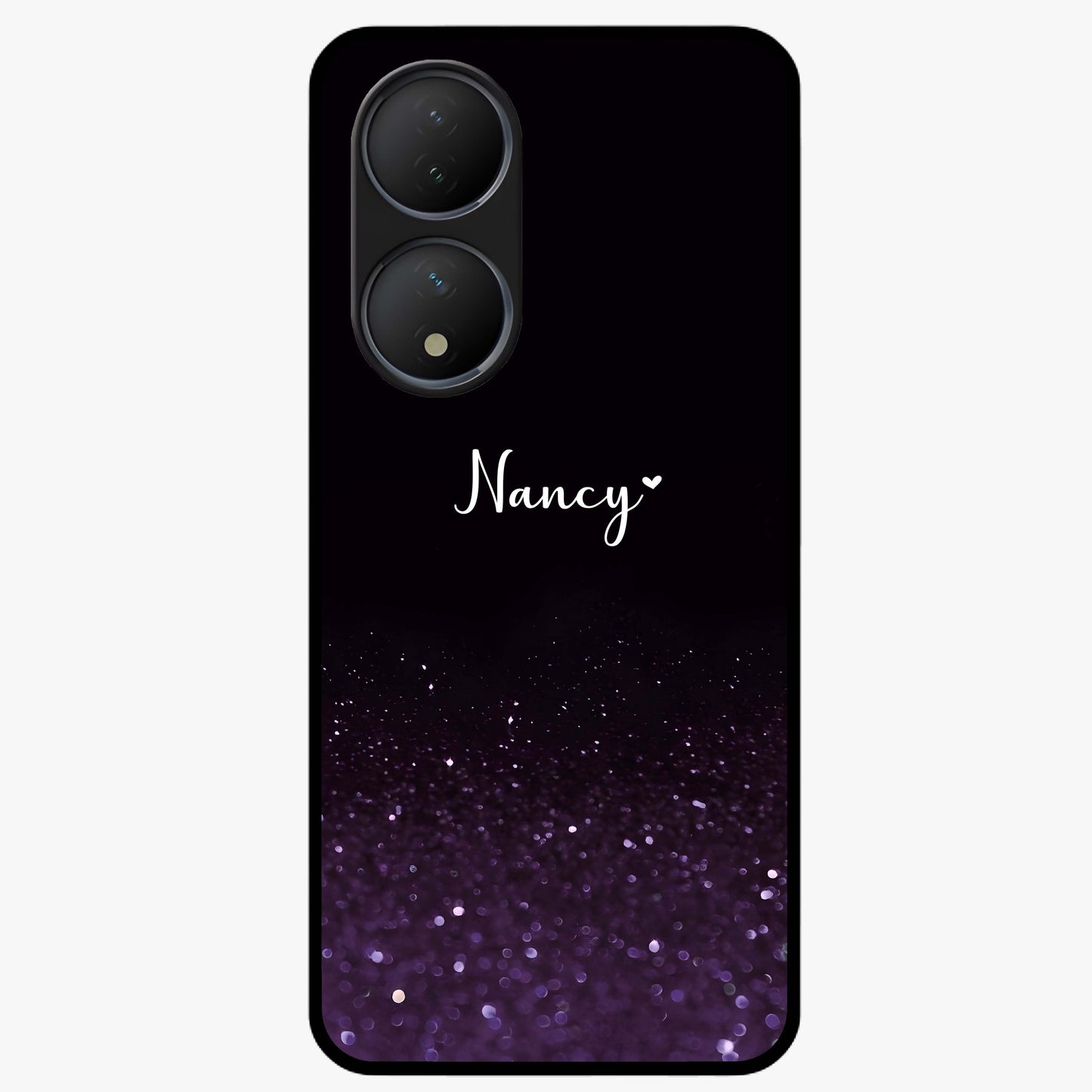 Glittery Purple Bokeh Custom Name Glass Case showing flat back view with purple bokeh sparkle artwork and personalized name design.
