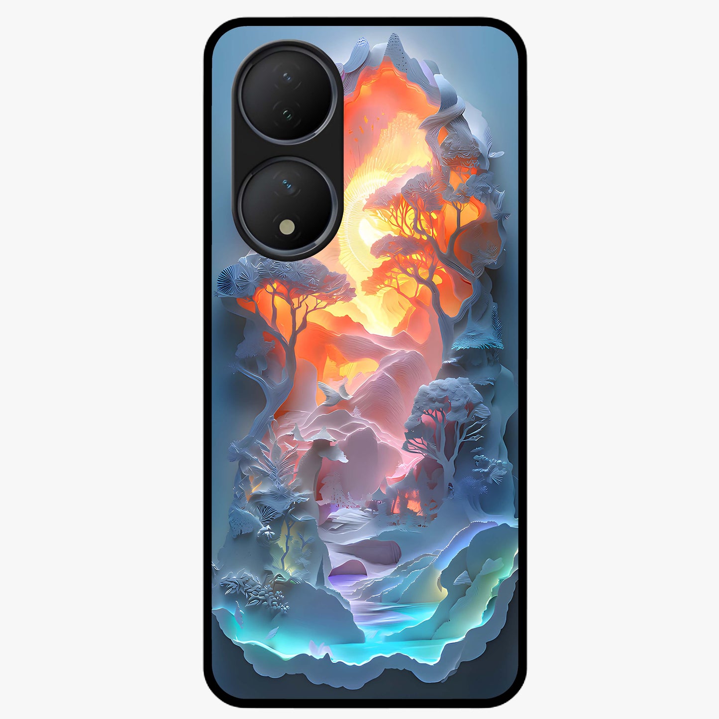 Glow Forest Portal Glass Case showing flat back view with glowing forest portal artwork and glossy glass finish.