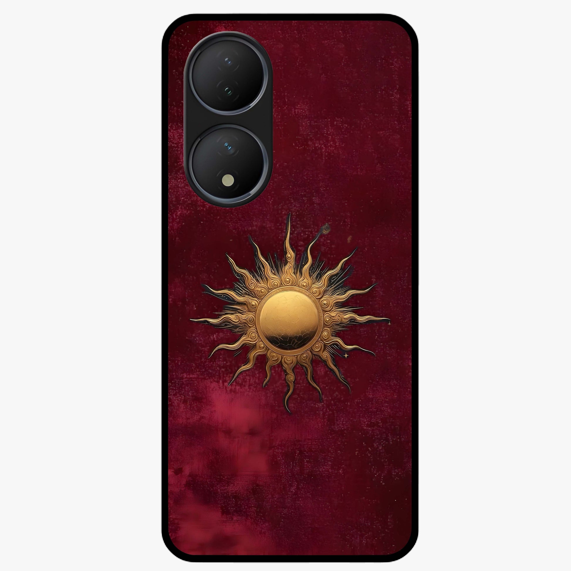 Gold Sun Blush Glass Case showing flat back view with golden sun inspired artwork and glossy glass finish.